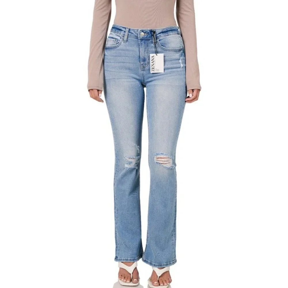 Light Wash Blue Distressed Flare Stretch Denim Jeans NWT - Picture 11 of 13